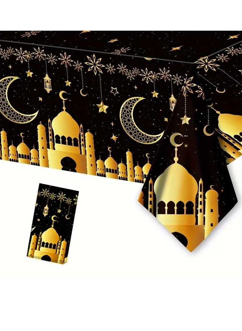 Home Care - 1pc Elegant Black & Golden Eid Mubarak Tablecloth - Disposable Plastic with Islamic Moon, Stars, and Design - Perfect for Ramadan and Eid al-Fitr Celebrations 130X220 cm - Image 1