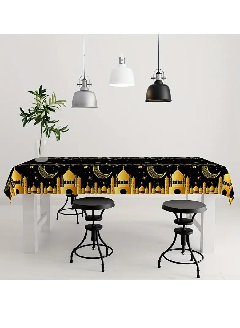 Home Care - 1pc Elegant Black & Golden Eid Mubarak Tablecloth - Disposable Plastic with Islamic Moon, Stars, and Design - Perfect for Ramadan and Eid al-Fitr Celebrations 130X220 cm - Image 1