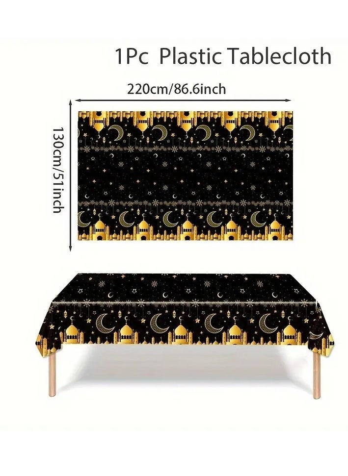 Home Care - 1pc Elegant Black & Golden Eid Mubarak Tablecloth - Disposable Plastic with Islamic Moon, Stars, and Design - Perfect for Ramadan and Eid al-Fitr Celebrations 130X220 cm - Image 1