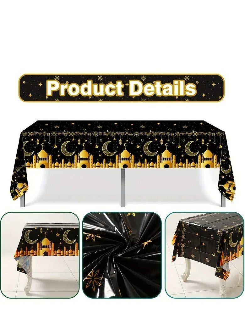 Home Care - 1pc Elegant Black & Golden Eid Mubarak Tablecloth - Disposable Plastic with Islamic Moon, Stars, and Design - Perfect for Ramadan and Eid al-Fitr Celebrations 130X220 cm - Image 1