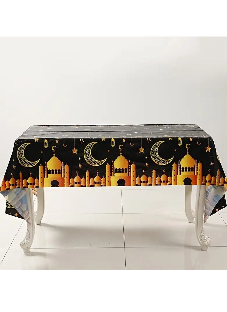 Home Care - 1pc Elegant Black & Golden Eid Mubarak Tablecloth - Disposable Plastic with Islamic Moon, Stars, and Design - Perfect for Ramadan and Eid al-Fitr Celebrations 130X220 cm - Image 1
