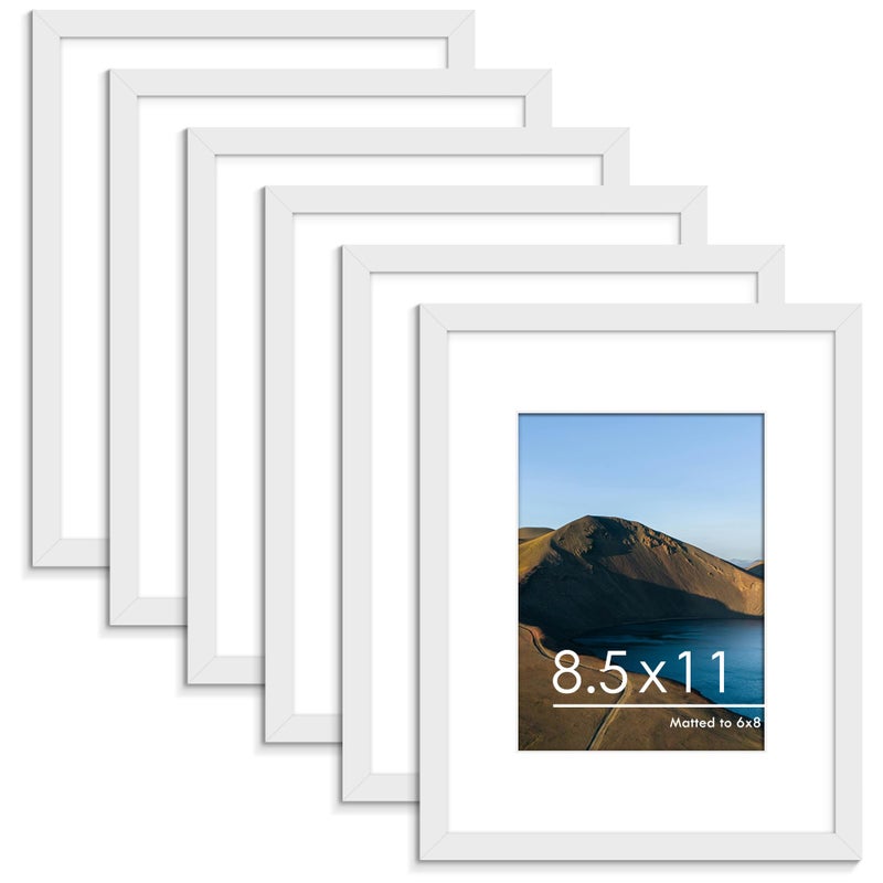 PEALSN 85 x 11 Picture Frame Set of 6 Display Pictures 6x8 with Mat or 85 x 11 Without Mat for Wall Mounting Display Photo Frames Collage for Wall Decor White Woodgrain