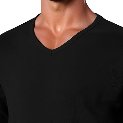 GIVON Men’s Slim Fit V-Neck Long Sleeve T-Shirt – 100% Cotton Ribbed Knit – Midweight Base Layer or Standalone Top / DCP053-BLACK-XL - Image 4