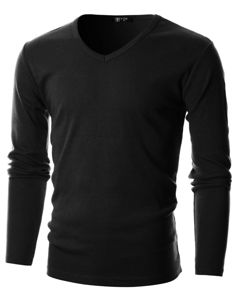 GIVON Men’s Slim Fit V-Neck Long Sleeve T-Shirt – 100% Cotton Ribbed Knit – Midweight Base Layer or Standalone Top / DCP053-BLACK-XL - Image 1