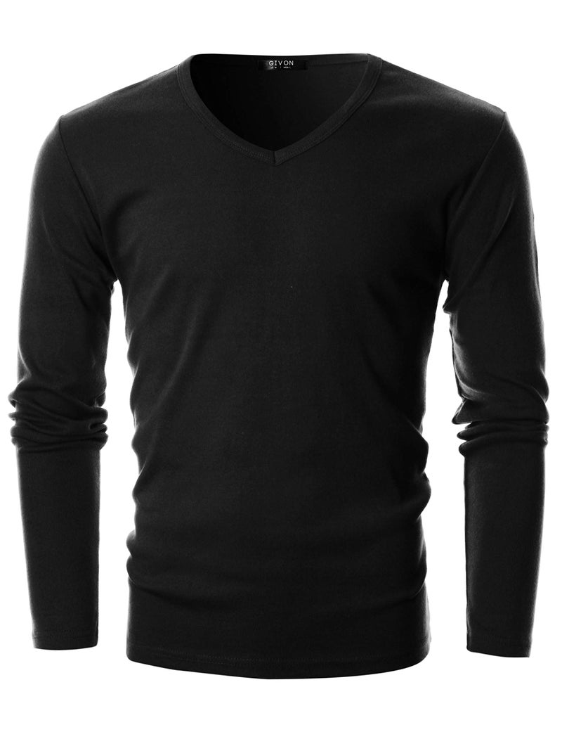 GIVON Men’s Slim Fit V-Neck Long Sleeve T-Shirt – 100% Cotton Ribbed Knit – Midweight Base Layer or Standalone Top / DCP053-BLACK-XL - Image 2