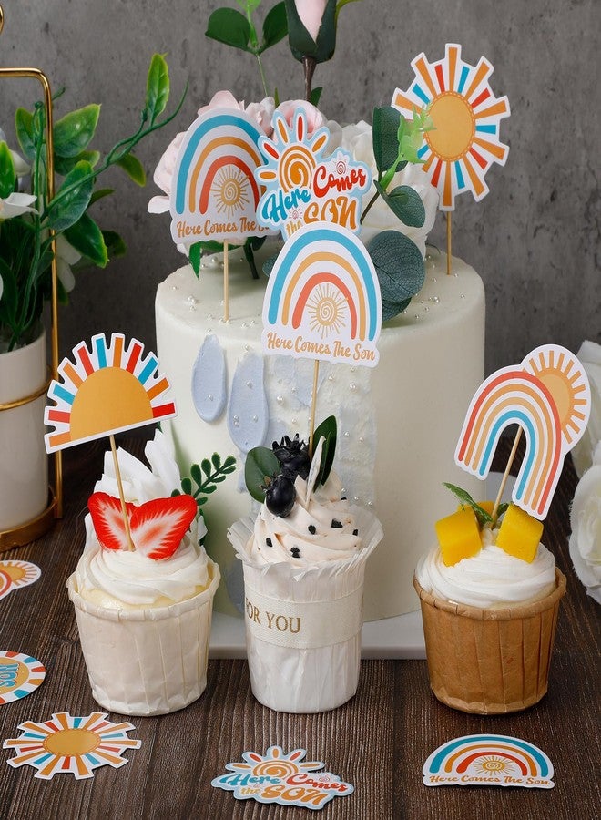 Soaoo 60 Pcs Here Comes the Son Cupcake Toppers Baby Shower Sun Cupcake Toppers Sunshine Cake and Cupcake Decorations for Sun Theme Baby Shower Birthday Wedding Party Decorations - Image 4