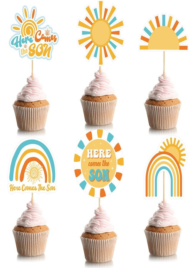 Soaoo 60 Pcs Here Comes the Son Cupcake Toppers Baby Shower Sun Cupcake Toppers Sunshine Cake and Cupcake Decorations for Sun Theme Baby Shower Birthday Wedding Party Decorations - Image 1