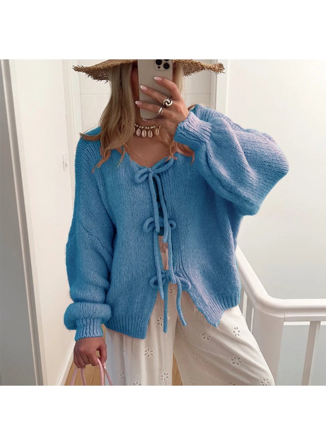 NIBEMINENT Solid Color Round Neck Tied Knit Cardigan Jacket for Autumn and Winter Women Fashionable Simple Long Sleeved Knit Jacket - Image 1