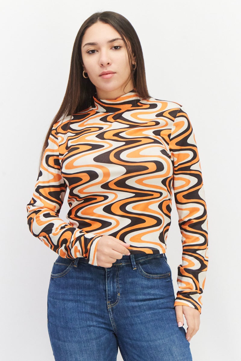 Sinsay Women High Neck Long Sleeve Allover Print Blouse, Orange Combo  - Image 1