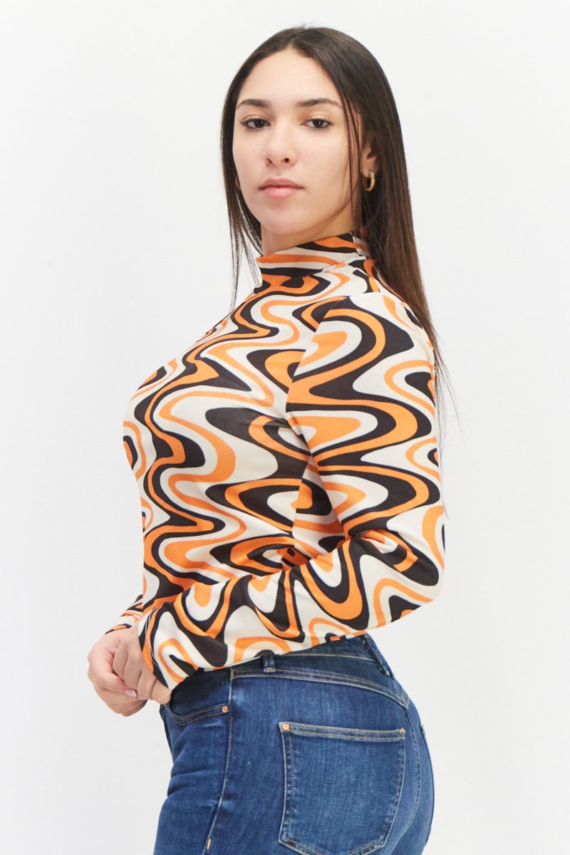 Sinsay Women High Neck Long Sleeve Allover Print Blouse, Orange Combo  - Image 3