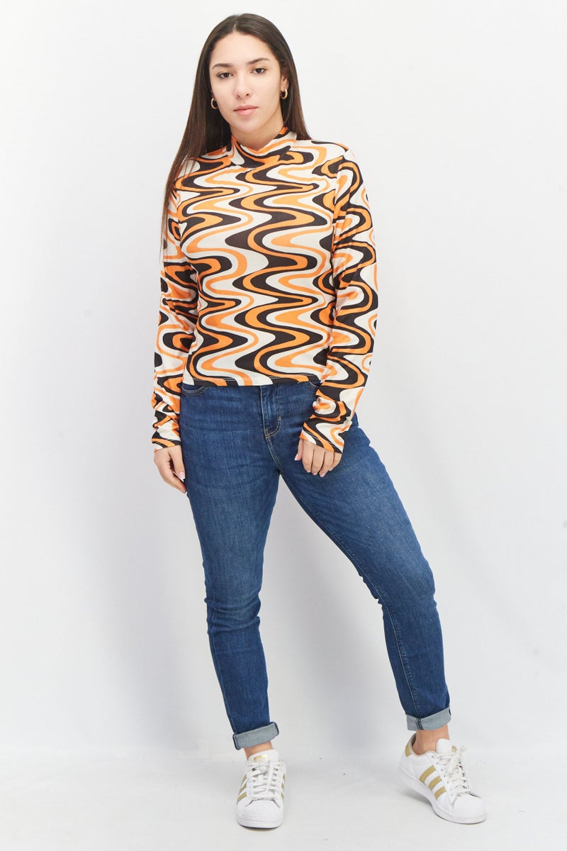 Sinsay Women High Neck Long Sleeve Allover Print Blouse, Orange Combo  - Image 4