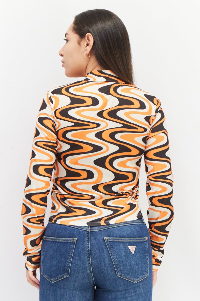 Sinsay Women High Neck Long Sleeve Allover Print Blouse, Orange Combo  - Image 2