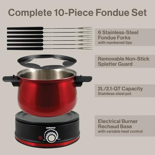 Swissmar Arolla 10 Pieces Stainless Steel Electric Fondue Set - Perfect Fondue Pot Electric Set for Cheese, Chocolate, Oil, Broth & More - Gift Ideas for Wedding, House Warming, Red, 2.1 Qt / 2L - Image 4