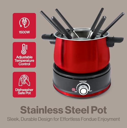 Swissmar Arolla 10 Pieces Stainless Steel Electric Fondue Set - Perfect Fondue Pot Electric Set for Cheese, Chocolate, Oil, Broth & More - Gift Ideas for Wedding, House Warming, Red, 2.1 Qt / 2L - Image 2