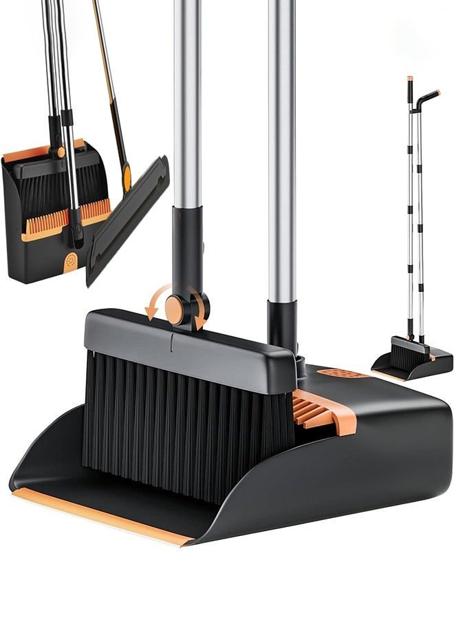 Arabest Scraper Broom and Dustpan Set, Cleaning Supplies Broom and Dustpan Set for Home, 123cm Long Stainless Steel Handle Brooms with Upright Dustpan Combo Set for Home Office Kitchen Lobby Floor Cleaning - Image 1