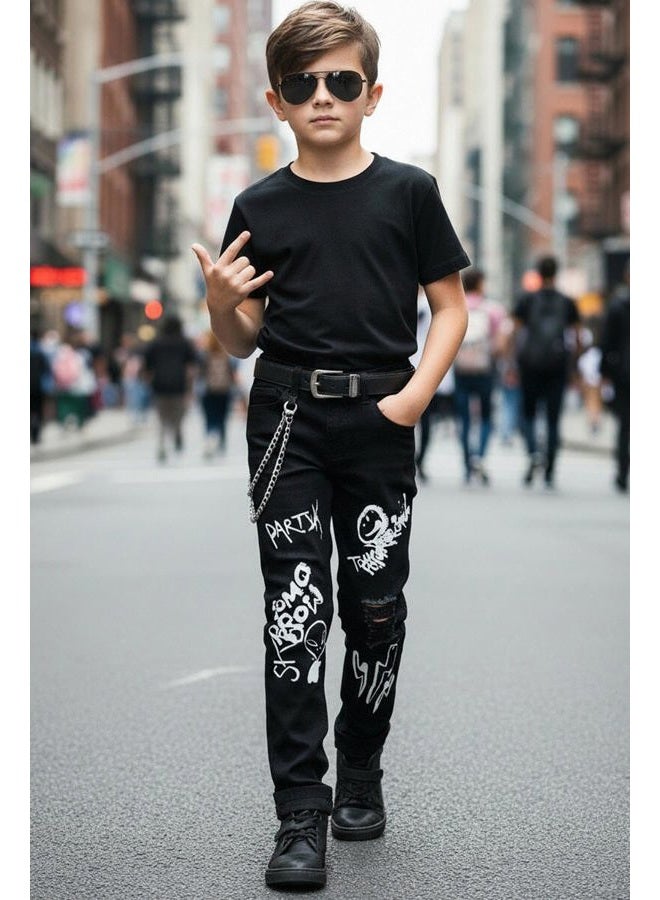 HUNGSON Boy's Skinny Fit Ripped Destroyed Distressed Stretch Slim Jeans Pants, Black20124, 14 - Image 2