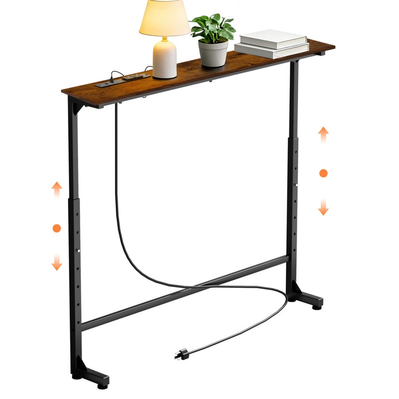 GRLEAF 35" Adjustable Height Narrow Console Table with Power Outlets, Long Sofa Table with Charging Station Behind Couch Table Skinny Entryway Table for Living Room, Hallway and Office â€“ Rustic Brown - Image 1