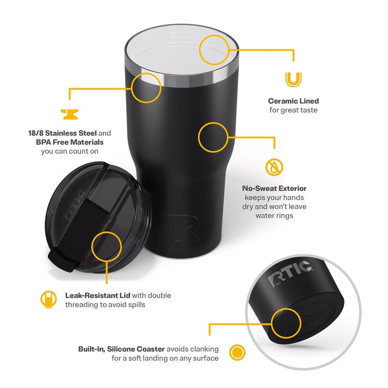 RTIC 30oz Essential Tumbler with Lid, Ceramic Lined, Insulated, Stainless Steel, Metal, Double Wall Vacuum-Insulation, Travel Cup for Iced Coffee, Tea, Hot and Cold Drink, Black - Image 4