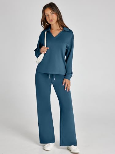 Glamaker Sweat Set For Women Matching Sets Sweat Suits Fall Winter Polo Neck Pants Sets Women 2 Piece Outfits (Blue Green L) - Image 5