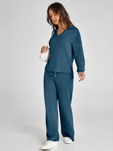 Glamaker Sweat Set For Women Matching Sets Sweat Suits Fall Winter Polo Neck Pants Sets Women 2 Piece Outfits (Blue Green L) - Image 3