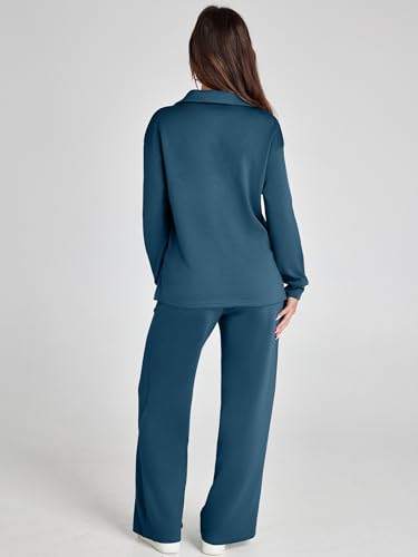 Glamaker Sweat Set For Women Matching Sets Sweat Suits Fall Winter Polo Neck Pants Sets Women 2 Piece Outfits (Blue Green L) - Image 4