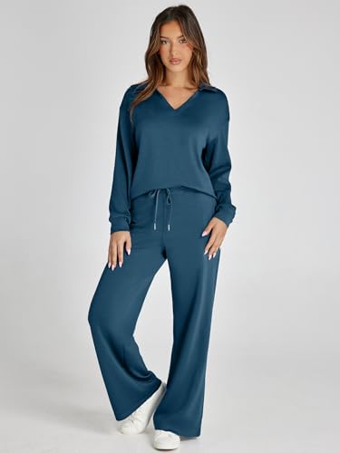 Glamaker Sweat Set For Women Matching Sets Sweat Suits Fall Winter Polo Neck Pants Sets Women 2 Piece Outfits (Blue Green L) - Image 2