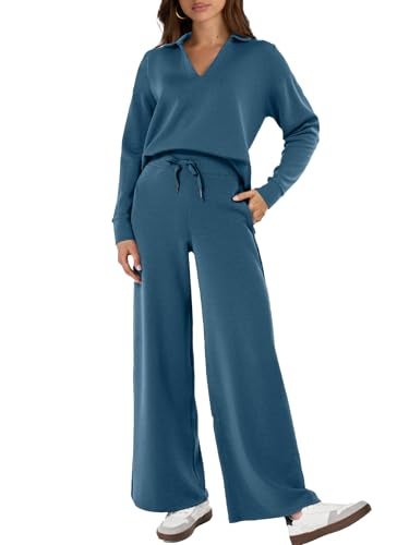 Glamaker Sweat Set For Women Matching Sets Sweat Suits Fall Winter Polo Neck Pants Sets Women 2 Piece Outfits (Blue Green L) - Image 1
