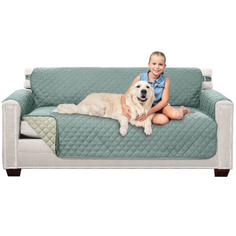 Sofa Shield Couch Slip Cover with Patented Strap Cushion Protector Reversible Stain and Dog Tear Resistant Slipcover Quilted Microfiber 70in Seat Washable Covers for Dogs Pets Kids Seafoam Cream