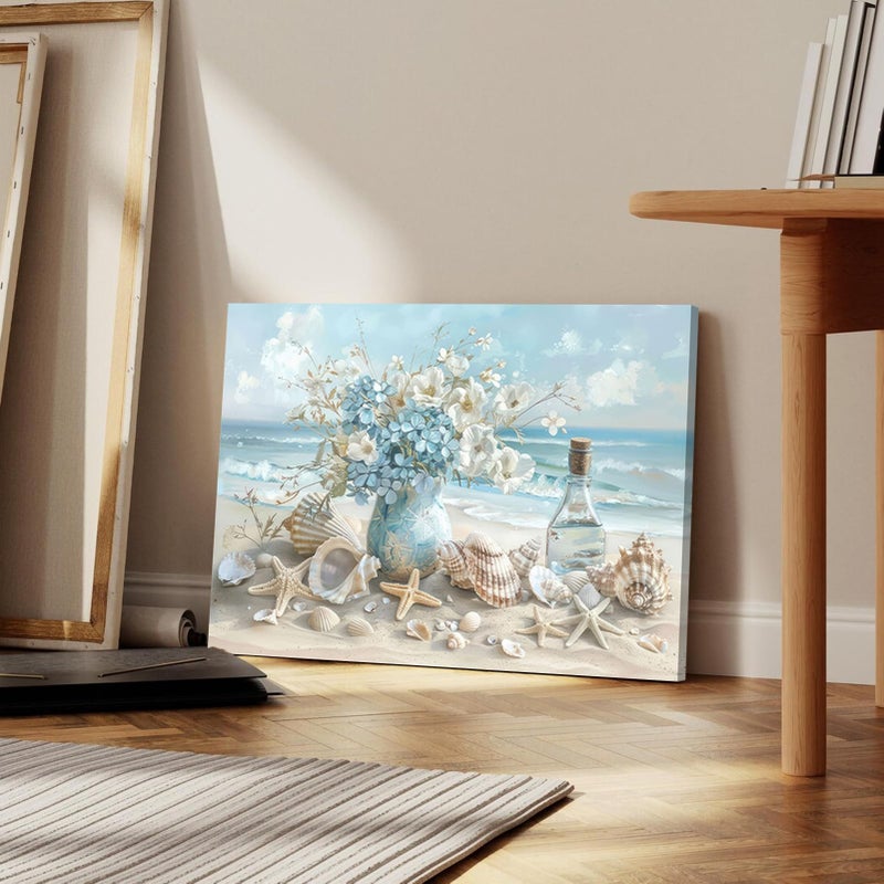 AKOTAC Blue Ocean Beach Bathroom Canvas Wall Art Seaside Seashell Painting Print Artwork Starfish with White Flower Coastal Picture Wall Decor for Living Room Bedroom Bathroom Decoration - Image 5