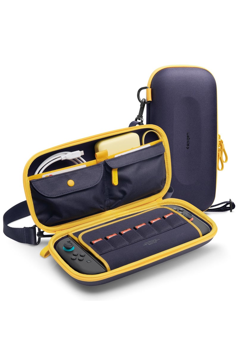 Spigen Nano Pop Pro Nintendo Switch 2 Carrying Pouch Case with Shoulder Strap Protective Portable EVA Hard Shell with Pocket for Joy-Con Accessories, 6 Game Cartridges - Blueberry Navy
