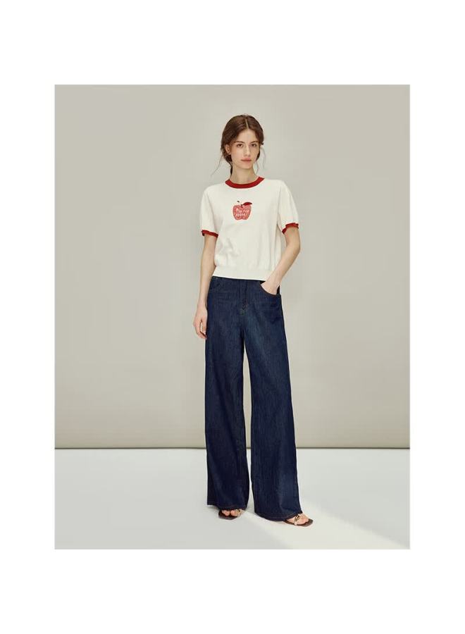Inman Ice Silk Apple Embroidery Color-block Crew Neck Lightweight Knit Short Sleeve Top 26 Spring Women's New Style Off-white XL - Image 3