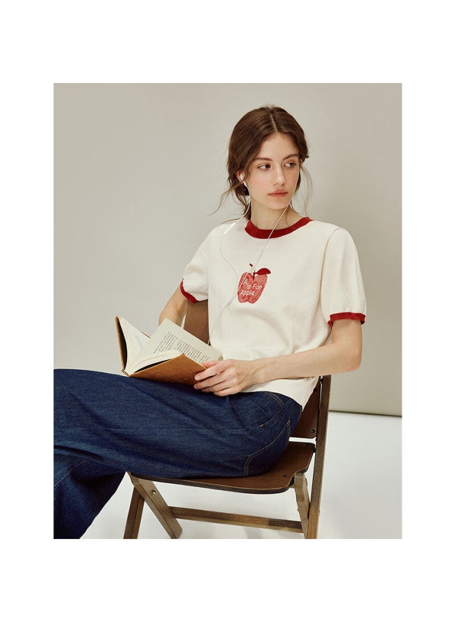 Inman Ice Silk Apple Embroidery Color-block Crew Neck Lightweight Knit Short Sleeve Top 26 Spring Women's New Style Off-white XL - Image 2