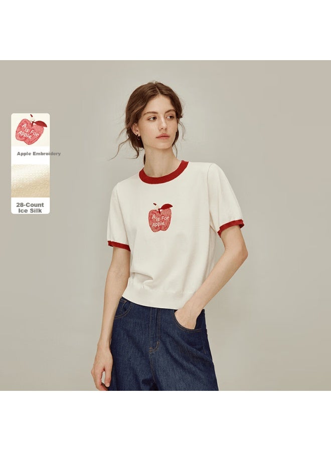 Inman Ice Silk Apple Embroidery Color-block Crew Neck Lightweight Knit Short Sleeve Top 26 Spring Women's New Style Off-white XL - Image 1