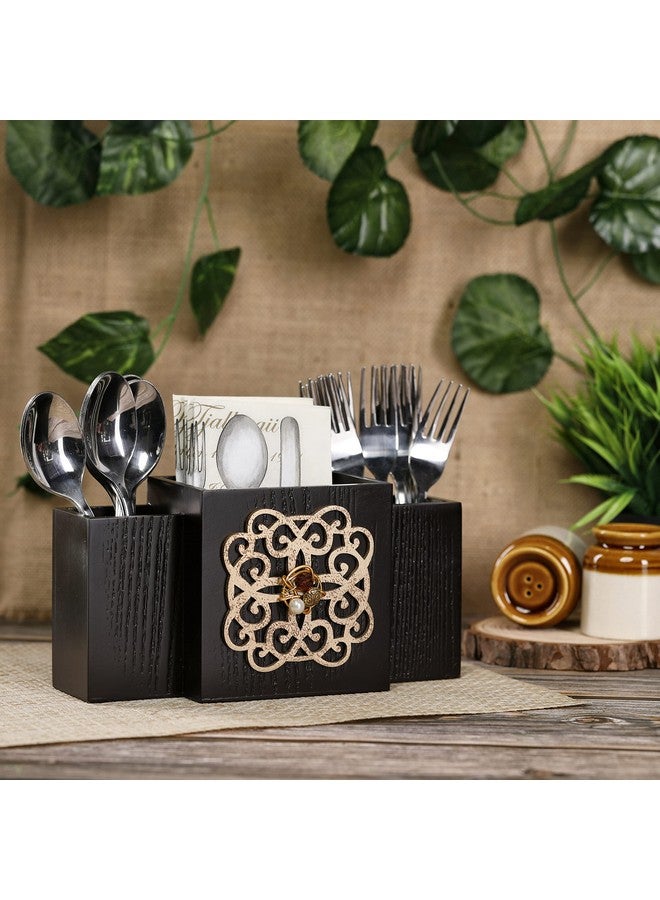COCKTAIL Decorative Wooden MDF Spoon Stand with 3 Sections | Cutlery Holder for Dining Table and Kitchen | Multifunctional Organizer Stand | Brown(Sq Laser) - Image 5