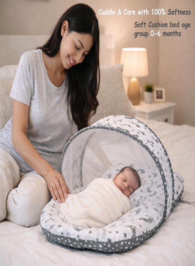 Infantbond Combo of Baby Bed with Net | Carry Bag | 4 Pcs Bedding Set (0-6 Months, Baby Size, Cotton) (Grey Moon) - Image 2