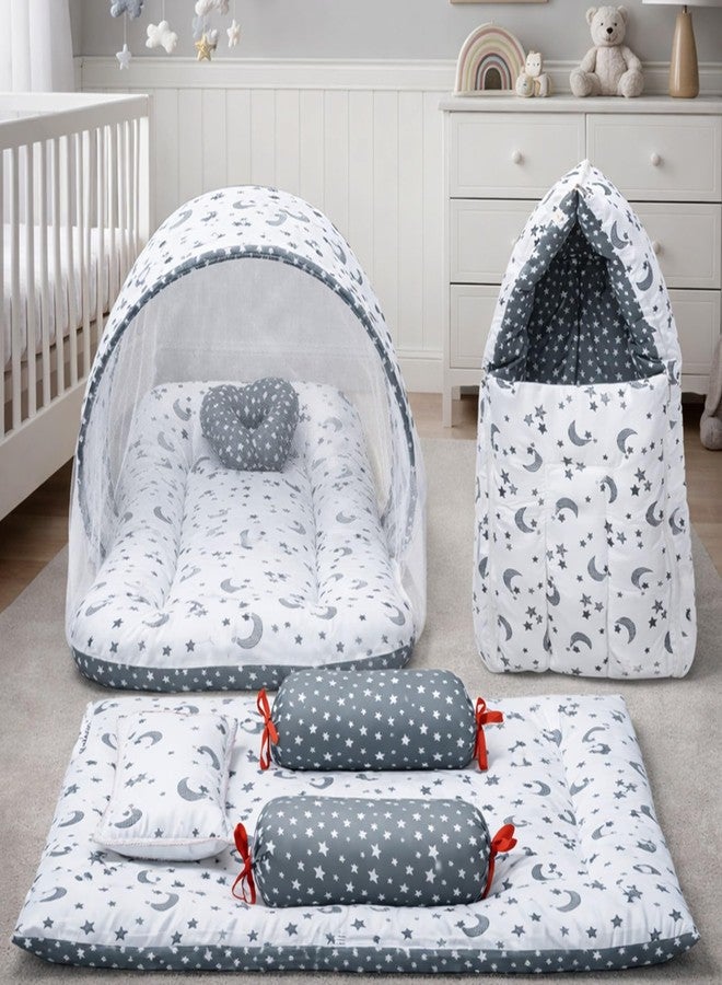 Infantbond Combo of Baby Bed with Net | Carry Bag | 4 Pcs Bedding Set (0-6 Months, Baby Size, Cotton) (Grey Moon) - Image 1