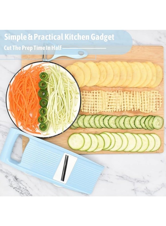 قطاعة خضروات متعددة الاستخدامات 5 في 1 - قطاعة بطاطس بشرائح متعددة، قطاعة خضروات، مقطعة ومبشرة و مقشرة للاستخدام في المطبخ - باللون الأزرق. - Image 5