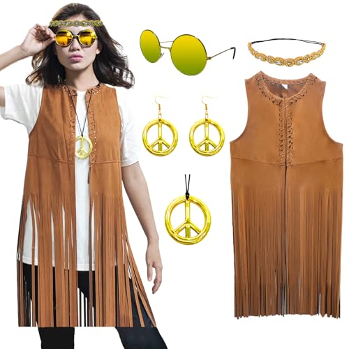 ATAMET 60s 70s Outfits for Women Hippie Costume Fringe Vest Faux Suede Tassel Vest Bohemia Headband Hippie Party Costume - Image 1
