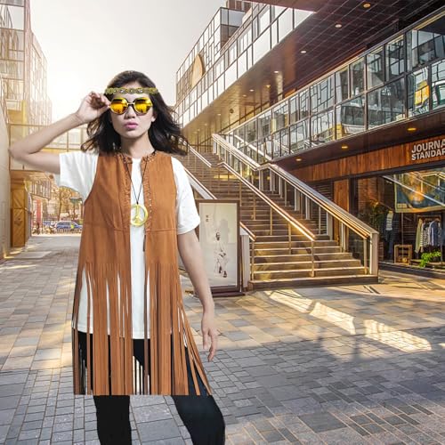 ATAMET 60s 70s Outfits for Women Hippie Costume Fringe Vest Faux Suede Tassel Vest Bohemia Headband Hippie Party Costume - Image 3