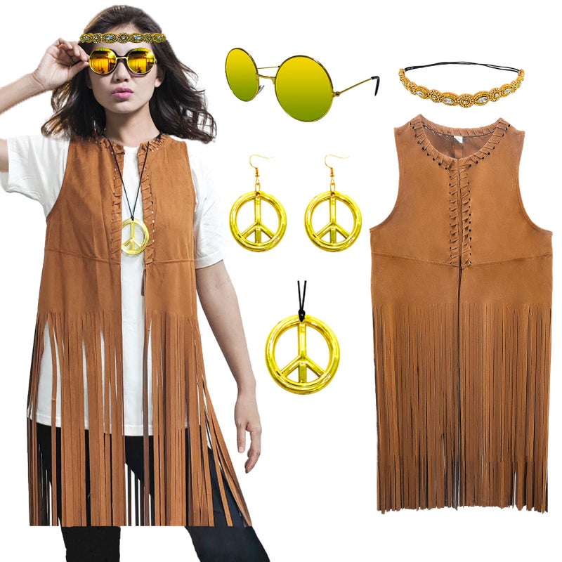 ATAMET 60s 70s Outfits for Women Hippie Costume Fringe Vest Faux Suede Tassel Vest Bohemia Headband Hippie Party Costume - Image 5
