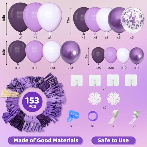 Amandir 153pcs Purple Balloon Garland Arch Kit, Different Sizes 18 12 10 5 inch Lavender Latex Metallic Confetti Purple Balloons for Halloween Wedding Birthday Baby Shower Party Decorations Supplies - Image 2