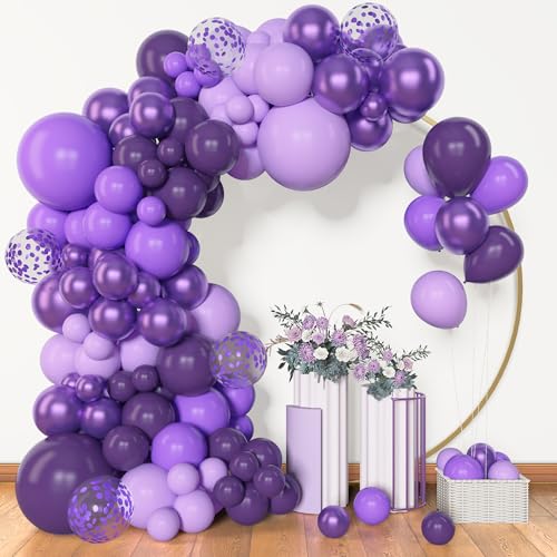 Amandir 153pcs Purple Balloon Garland Arch Kit, Different Sizes 18 12 10 5 inch Lavender Latex Metallic Confetti Purple Balloons for Halloween Wedding Birthday Baby Shower Party Decorations Supplies - Image 1