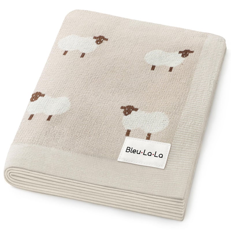 Bleu La La Baby Swaddle Blanket - 100% Luxury Cotton Knit Soft Cozy Lightweight Unisex Receiving Stroller Quilt Blanket for Shower Gift Registry for Newborns Infants Toddlers (Sheep - Khaki) - Image 1