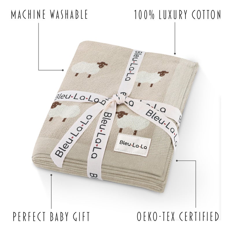 Bleu La La Baby Swaddle Blanket - 100% Luxury Cotton Knit Soft Cozy Lightweight Unisex Receiving Stroller Quilt Blanket for Shower Gift Registry for Newborns Infants Toddlers (Sheep - Khaki) - Image 3