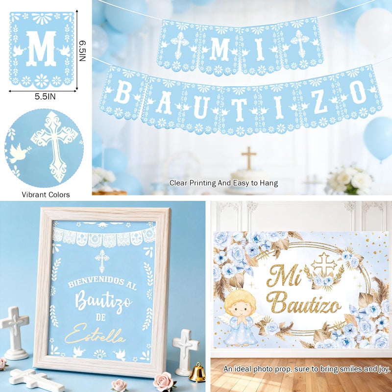 Fiesec Mi Bautizo Decorations for Boys, 111 PCs Mexican Baptism Party Supplies with Blue Floral Backdrop, Balloon Garland, Tablecloth, Cake Topper for God Bless First Holy Communion Party - Image 4