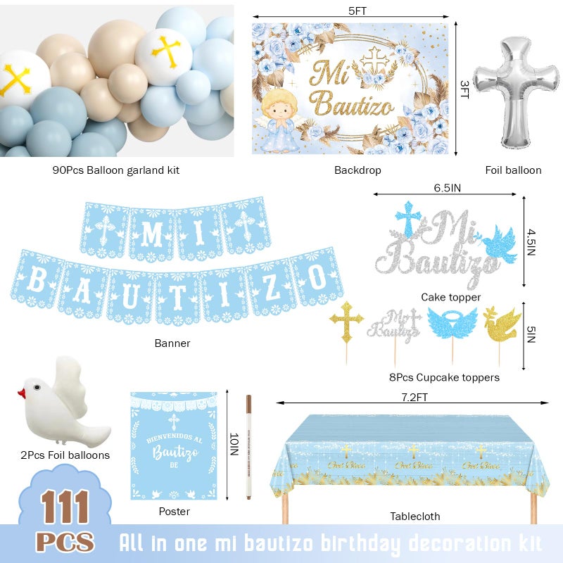 Fiesec Mi Bautizo Decorations for Boys, 111 PCs Mexican Baptism Party Supplies with Blue Floral Backdrop, Balloon Garland, Tablecloth, Cake Topper for God Bless First Holy Communion Party - Image 2