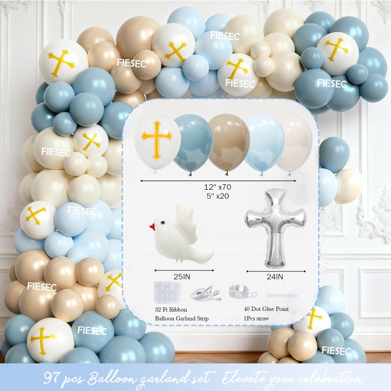 Fiesec Mi Bautizo Decorations for Boys, 111 PCs Mexican Baptism Party Supplies with Blue Floral Backdrop, Balloon Garland, Tablecloth, Cake Topper for God Bless First Holy Communion Party - Image 3