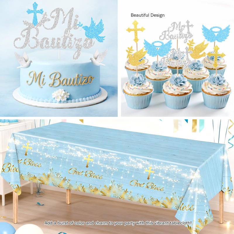 Fiesec Mi Bautizo Decorations for Boys, 111 PCs Mexican Baptism Party Supplies with Blue Floral Backdrop, Balloon Garland, Tablecloth, Cake Topper for God Bless First Holy Communion Party - Image 5