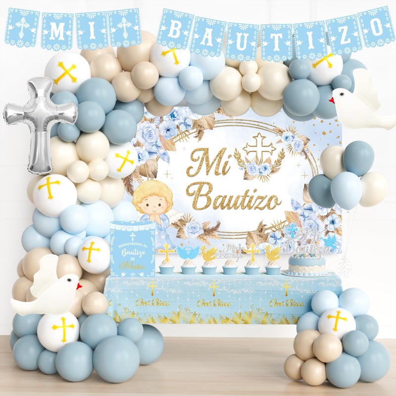 Fiesec Mi Bautizo Decorations for Boys, 111 PCs Mexican Baptism Party Supplies with Blue Floral Backdrop, Balloon Garland, Tablecloth, Cake Topper for God Bless First Holy Communion Party - Image 1