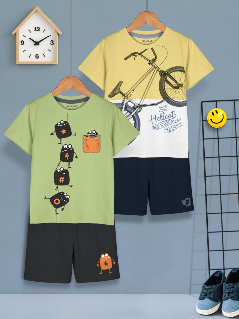 HELLCAT Cotton Blend Boys Dress Clothing Set Combo with Tshirts & Shorts - Pack 2 Green/Mustard 3-4 Years, Printed - Image 2